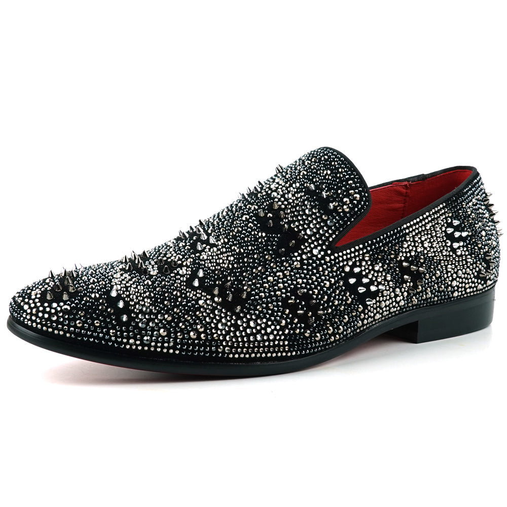 FI-7516 Black Silver Suede Rhinestones Spikes Slip on Loafer Fiesso by Aurelio Garcia