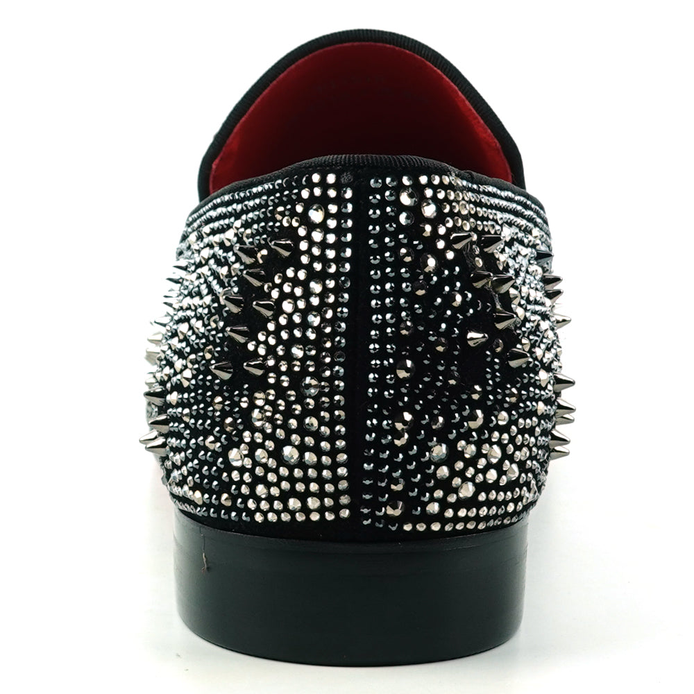 FI-7516 Black Silver Suede Rhinestones Spikes Slip on Loafer Fiesso by Aurelio Garcia