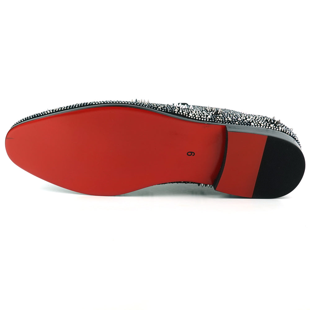 FI-7516 Black Silver Suede Rhinestones Spikes Slip on Loafer Fiesso by Aurelio Garcia