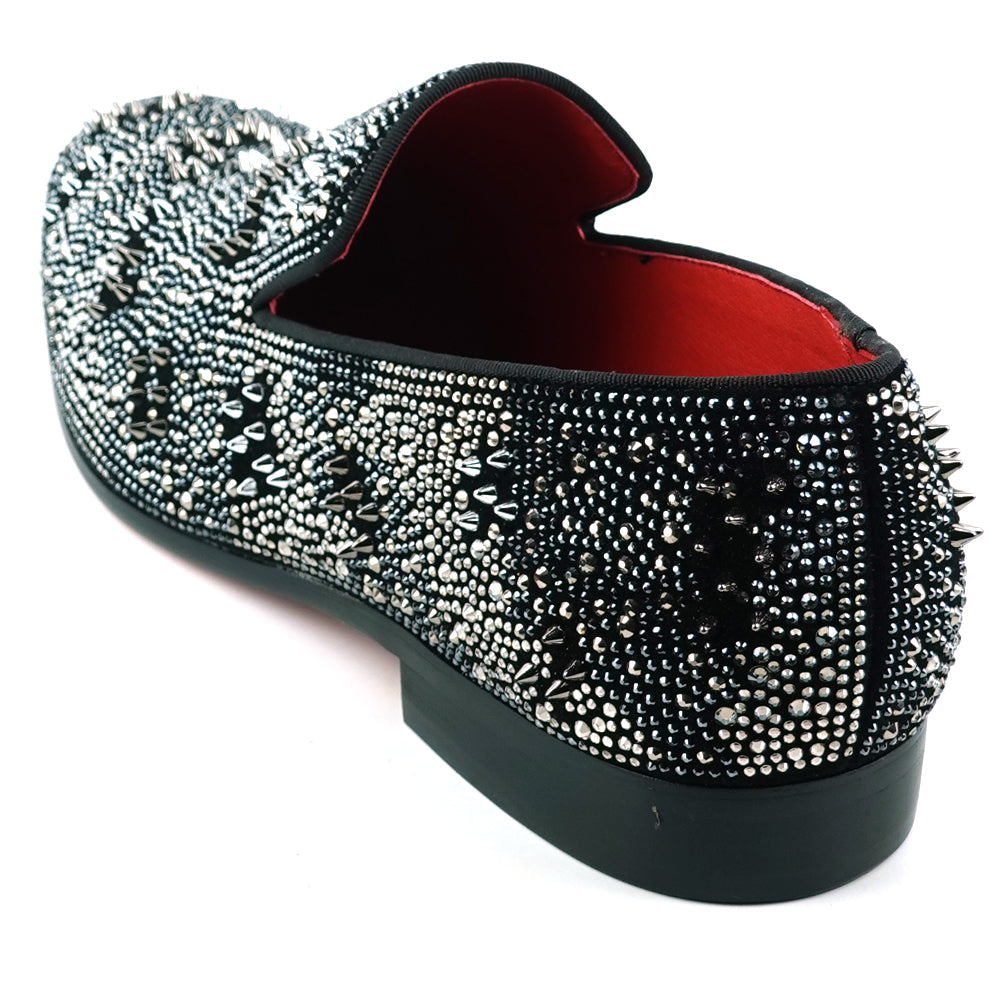 FI-7516 Black Silver Suede Rhinestones Spikes Slip on Loafer Fiesso by Aurelio Garcia