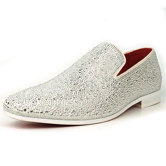 FI-7525 White Suede Rhinestones Slip on Loafer Fiesso by Aurelio Garcia