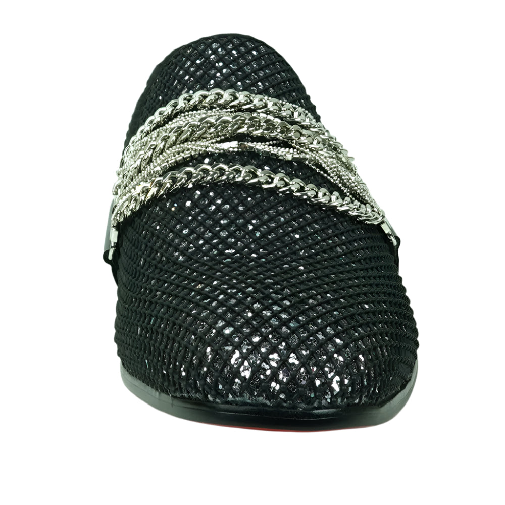 FI-7528 Black Glitter With Silver Chain Slip on Loafer Fiesso by Aurelio Garcia