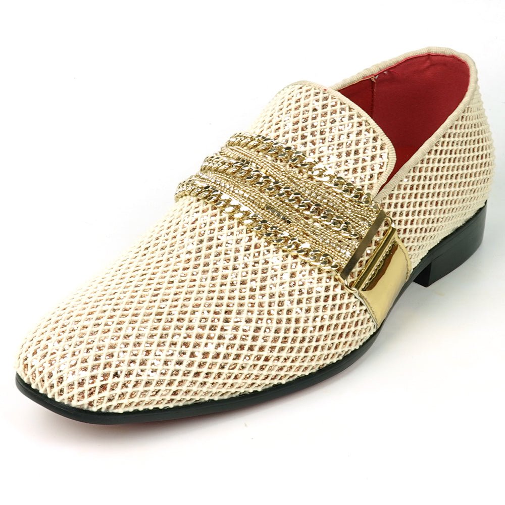 FI-7528 White Gold Glitter With Gold Chain Slip on Loafer Fiesso by Aurelio Garcia