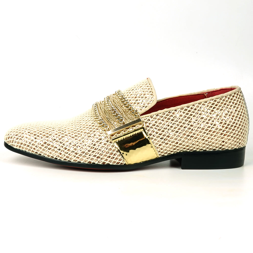 FI-7528 White Gold Glitter With Gold Chain Slip on Loafer Fiesso by Aurelio Garcia