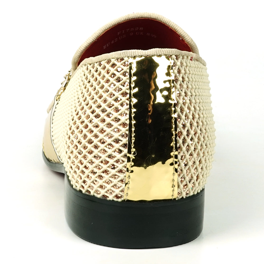 FI-7528 White Gold Glitter With Gold Chain Slip on Loafer Fiesso by Aurelio Garcia