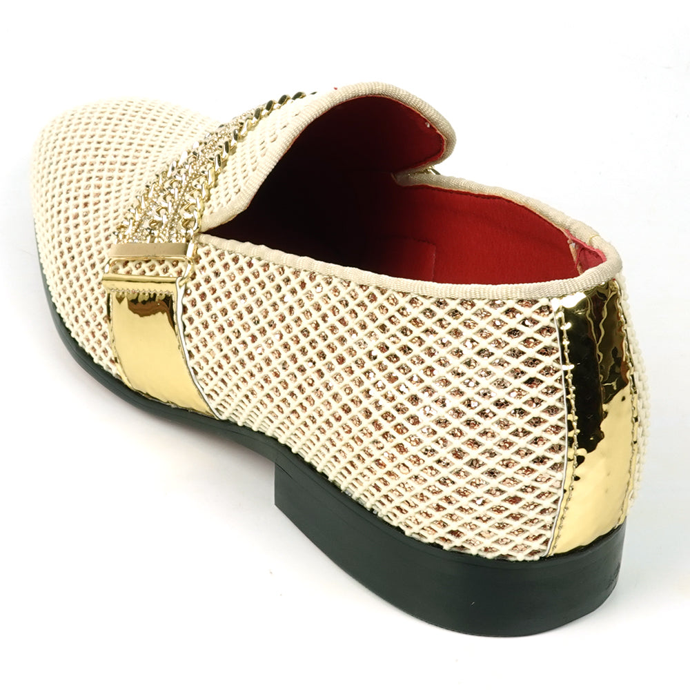 FI-7528 White Gold Glitter With Gold Chain Slip on Loafer Fiesso by Aurelio Garcia