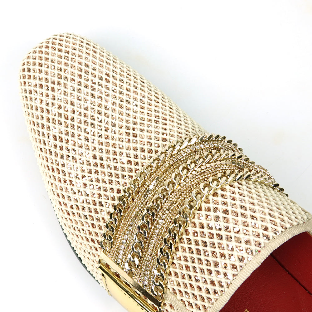 FI-7528 White Gold Glitter With Gold Chain Slip on Loafer Fiesso by Aurelio Garcia