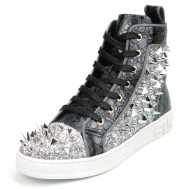 FI-2369 Black Silver Spikes High Top Sneakers