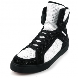 FI-2402 Black White Rhinestones High Top Sneakers
