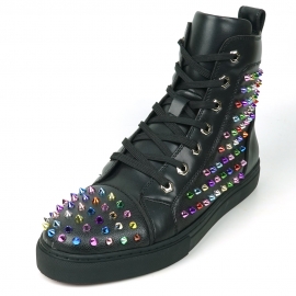 FI-2430 Black Leather Multi Color Spikes High Top Snekaer Encore by Fiesso