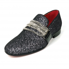FI-7528 Black Silver Slip on Loafer With Silver Chain Encore by Fiesso